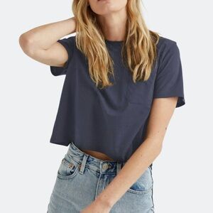 RICHER POORER boxy crop t-shirt crewneck patch pocket cotton blue size large